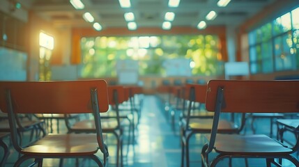 Leinwandbilder - School classroom in blur background without young student Blurry view of class room no kid or teacher with chairs and tables in campus : Generative AI