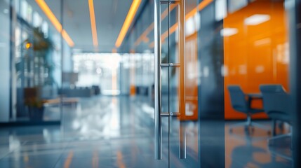 Aufkleber - Beautiful blurred background of a modern office interior in gray tones with panoramic windows glass partitions and orange color accents : Generative AI