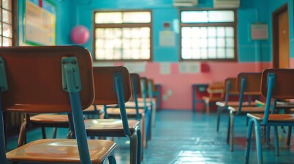 Aufkleber - Shot of empty classroom with chairs under desks in elementary school School during vacation or holidays A teaching classroom without student during term break or the end of semester in : Generative AI