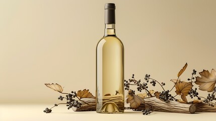 Poster - Bottle of white wine with a composition of old plank dry snags and dried vine leaves Neutral beige background for product branding identity and packaging Copy space front view : Generative AI