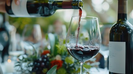 Poster - Man pouring red wine into glass at white table selective focus : Generative AI