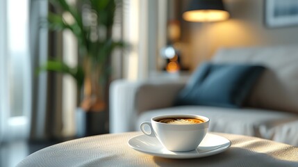 Aufkleber - Interior of light apartment with cup of fresh espresso on coffee table : Generative AI