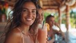 © Generative AI - Happy woman enjoying smoothie with friends sitting at wellness resort : Generative AI