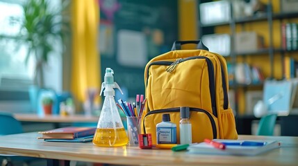 Poster - COVID19 prevention  back  to school  and new normal  conceptFront view of  surgical mask  sanitizer gel and  backpack with school supplies   on school desk in classroom : Generative AI