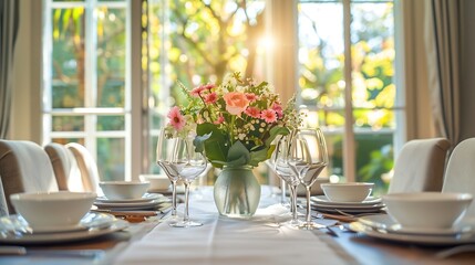Poster - Dining room interior with table and chairs table settings staged with dinnerware flowers large windows bright and spacious home interior photography : Generative AI