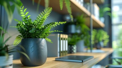 Poster - Interior of office with modern workplace shelves and green houseplants : Generative AI