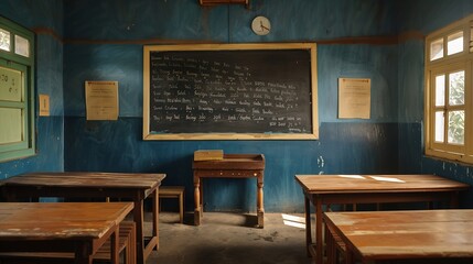 Poster - Indian classroom with wooden desks and blackboard on the wall : Generative AI