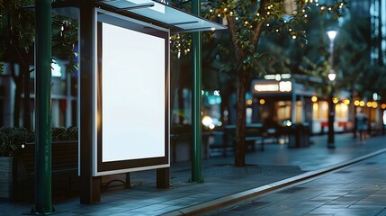 Wall Mural - bus shelter at bus stop blank lightbox billboard ad sign white ad poster and commercial space green urban street display panel empty vertical outdoor poster space mockup base  backgrou : Generative AI