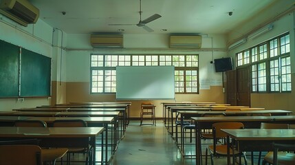 Poster - Lecture room or School empty classroom with desks and chair iron wood for studying lessons in high school thailand interior of secondary education with whiteboard vintage tone educatio : Generative AI