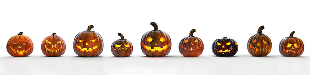 Poster - A group of eight lit spooky halloween pumpkins, Jack O Lantern with evil face and eyes isolated against a white background.