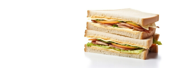 Wall Mural - Fresh sandwich with ham, cheese, tomatoes, fast food on white background, isolate. AI generated.