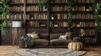 Wall Mural - Brown classic wall background with sofa and white bookshelf book accessory style vase of plant lamp decoration and carpet : Generative AI