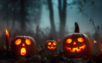 Poster - carved Halloween pumpkins glowing in dark foggy forest