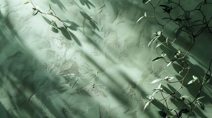 Aufkleber - Pale green textured plaster wall with abstract sun light shadow foliage silhouette elegant floral background with copy space : Generative AI