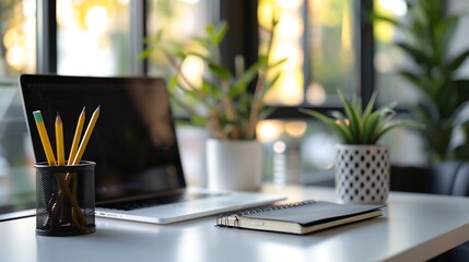 Leinwandbilder - Modern workplace with laptop computer pencil holder and notebook on white table : Generative AI