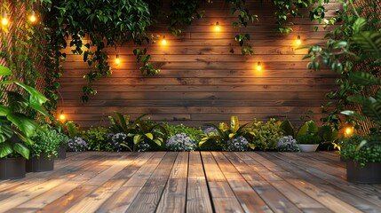 Poster - Wooden decking and plant garden decorative with lighting effect. 