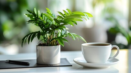 Canvas Print - Comfortable workplace with coffee stationery and houseplant on white table Home office copy space : Generative AI