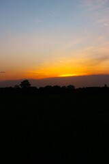 Wall Mural - Sunset Sky cloud in the Morning Sunrise with Orange, Yellow Golden Hour Sunrise on Summer season, Horizon Dusk Sky Dramatic Nature Background