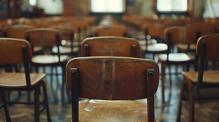 Aufkleber - Empty classroom with a lot of chair with no student Empty classroom with vintage tone wooden chairs Back to school concept : Generative AI