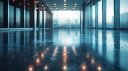 Poster - The open space office is empty and dim Abstract light effect on office interior background for design : Generative AI