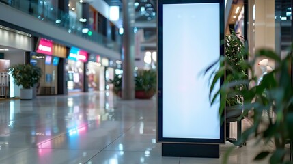 Leinwandbilder - Advertising digital screen on pillar in shopping mall Vertical OOH out of home poster display in retail environment Out of focus bokeh effect in background : Generative AI