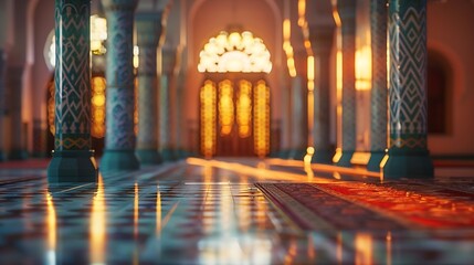 Wall Mural - Mosque interiors with defocused pillars windows and doors crafting an abstract backdrop : Generative AI