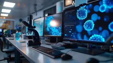 Poster - computer lab with monitors and educational microscopes on the table : Generative AI