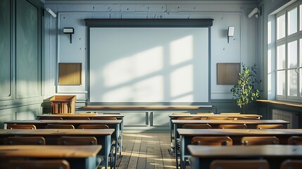 Leinwandbilder - Classroom interior with white board projection screen and wooden desks : Generative AI