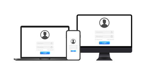 Poster - Devices banner. Laptop, computer, phone icons. Login mockup. Flat style. Vector icons.