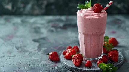 Poster - A glass of strawberry milkshake or smoothie with strawberries on a marble board with fresh berries Healthy food and drink concept Copy space : Generative AI