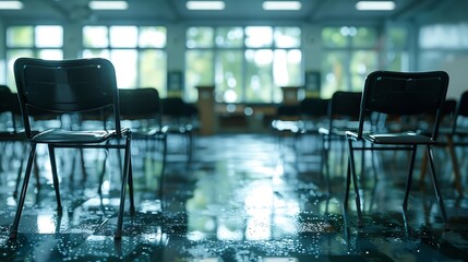 Fototapete - Defocused image of empty classroom of a campus with many black chairs arranged in the room Empty classroom after school end copy space and educational concept : Generative AI