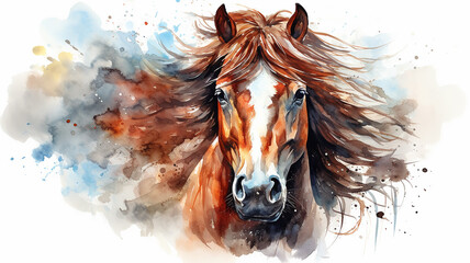  Bay horse with a thick mane splashed with watercolor paints