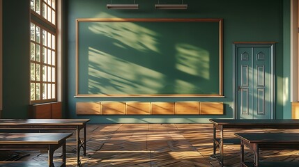 Aufkleber - Empty interior of classic school classroom with green Chalk board on the Wall : Generative AI