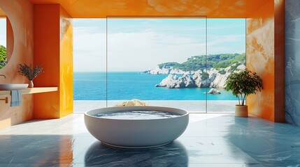 Luxury Bathroom Interior With hot tub And Beautiful Sea View : Generative AI