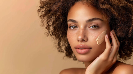 Wall Mural - A beautiful woman with natural curly hair applying foundation to her face, representing skincare and beauty routines, with a soft beige background providing ample copy space.