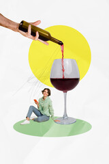 Wall Mural - Vertical image collage young cheerful girl sit glass pour bottle wine alcoholic drink leisure relaxation pub bar bartender oder restaurant