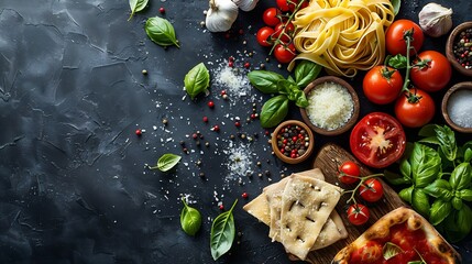 Poster - Italian food  on dark background with pasta pizza top view panorama banner : Generative AI