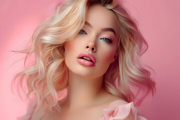 Wall Mural - Woman with glamourous makeup with pink lipstick and blond hair in front of pink background.