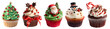 © Sandra Chia - Christmas Xmas Cupcake muffin with icing frosting topping of tree, santa claus, snowman, candy cane, decorations on transparent PNG file. Many different flavour. Mockup template for artwork design