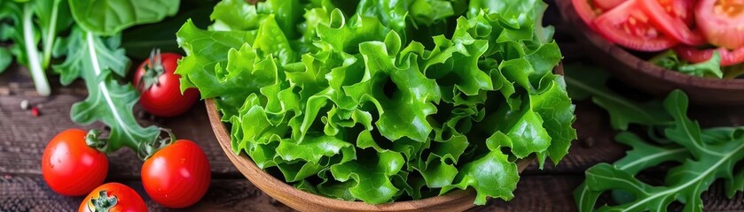 Wall Mural - Fresh green lettuce, tomatoes, and greens on a rustic wooden table ready to be prepared for a healthy salad.