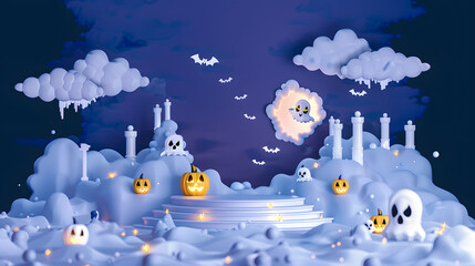 Wall Mural - Illustration of stage podium with items decorated for halloween celebrate and ghost spirit flying on night cloudy sky on Halloween. paper cut and craft style. vector, illustration.