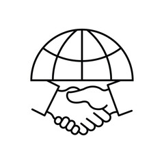 Leinwandbilder - Handshake and globe line icon. International agreement concept. World partnership linear symbol. Vector isolated on white