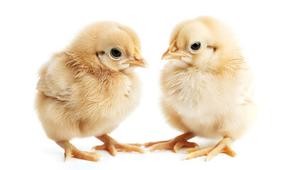 Wall Mural - Two cute fluffy baby chickens on white background