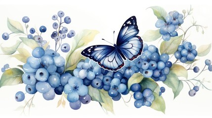 Wall Mural - watercolor blueberries with butterfly