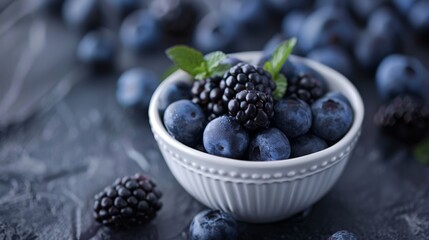 Wall Mural - Bowl of Blueberries and Blackberries on Dark Background