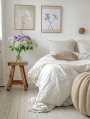 Wall Mural - Clean, white bedding, wooden furniture, and floral arrangement create a serene retreat.