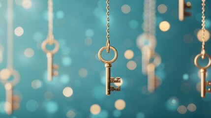Wall Mural - A creative stock photo depicting a ladder with golden keys floating around it, symbolizing the keys to achieving success and climbing higher in one's career.