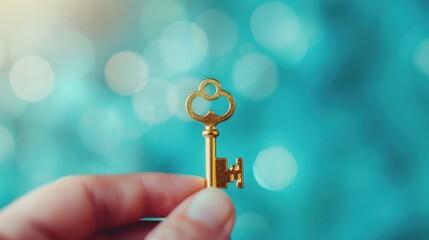 Wall Mural - A close-up of a hand holding a golden key, symbolizing personal achievements and success, with soft focus background to emphasize accomplishment.