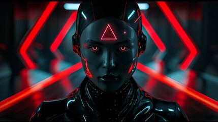 Wall Mural - Cyborg Woman in Red Neon Lights