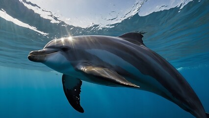 Wall Mural - Dolphins making beautiful water trails as they perform high-aerial leaps